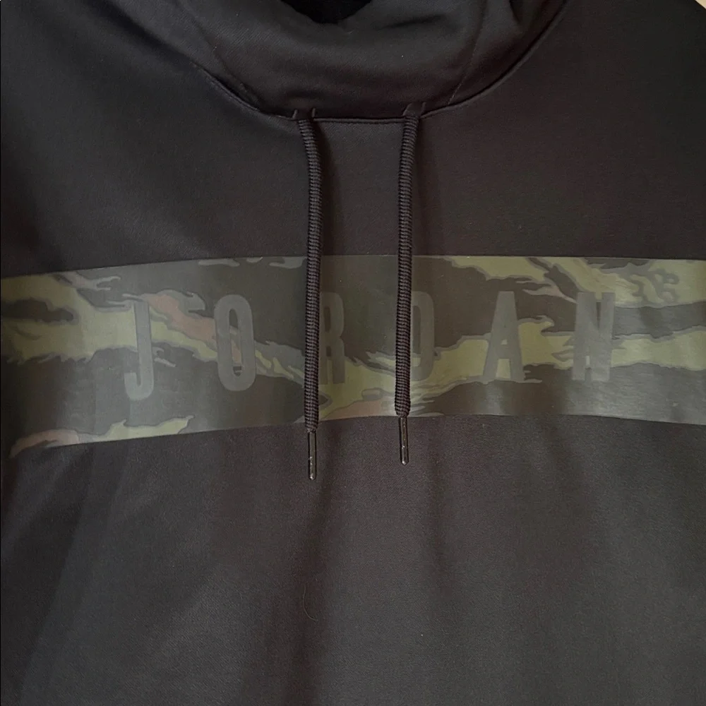 Nike Air Jordan Men's Black Hoodie with Olive Camo Chest Stripe- Men’s Medium